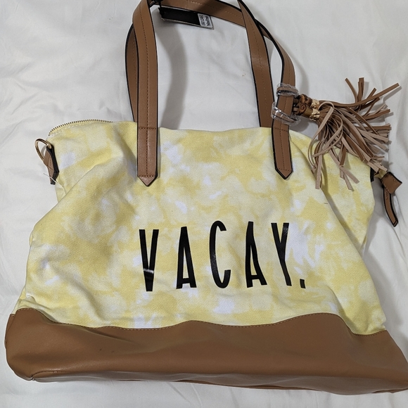 Gramercy and Grand Vegan Leather and Canvas Weekender Vacay Bag Brown and Yellow - Picture 2 of 8